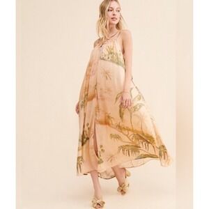 Anthropologie Strappy Tropical Palm Print Sleeveless Maxi Dress Boho Size M
